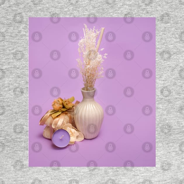 beauty set with  candle, soap and dried flowers  on a violet background by graphic3000